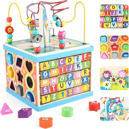 Qilay Wooden Activity Cube for Toddlers, 5 in 1 Multipurpose ABC-123 Abacus Early Educational Montessori Toys, Learning Toys for 3 Year Old | Bead Maze, Great for Boys Girls