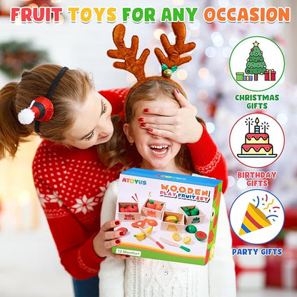 ATOYUS Wooden Play Food Set Toys for Toddlers 1-3, Kids Toy Play Kitchen Accessories, Cutting Fruits Pretend Food with Storage Boxes, Christmas Birthday Gifts for 1 2 3 Year Old Baby Boys Girls