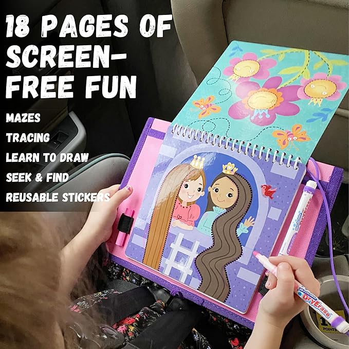Totebook Kids Travel Educational Activity Book with Washable Markers - Car and Airplane Activities, Learning Toys for Toddlers- Reusable Stickers for Ages 4, 5, 6 (Princess & Extra Jungle Book)