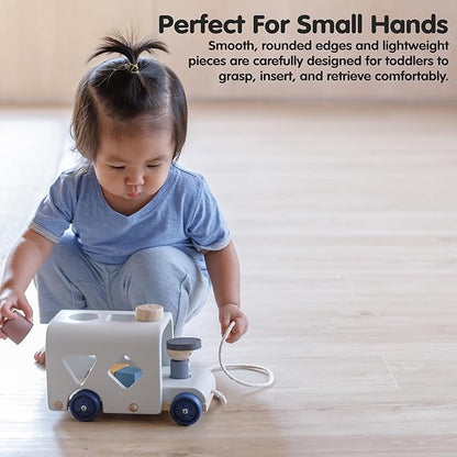 PlanToys Shape Sorting Bus Wooden Pull Toy - Non-Toxic, Sustainably-Made Pull Along Wooden Toy