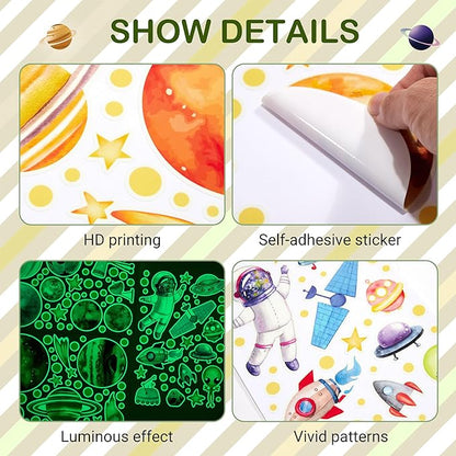 Watercolor Solar System Wall Decals, Glow in The Dark Stars, Kids Planets Sticker for Ceiling, Astronaut Wall Stickers for Bedroom, Green