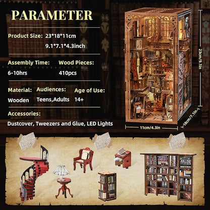Book Nook Library Kit, DIY Miniature Dollhouse Booknook Kit, 3D Wooden Puzzle Bookend Bookshelf with LED Light for Adults Teens (Abbey Library)