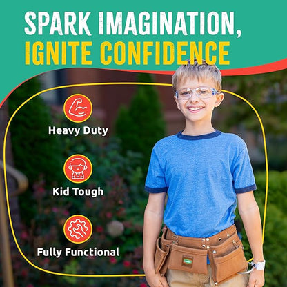 SparkJump Kids Brown Tool Belt, Adjustable Leather Tool Belt for Toddlers and Kids, Dress-Up Construction Costume for DIY Woodworking and STEM Learning