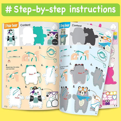 EZCRA Easy Arts and Crafts for Kids - No Mess Sewing Kit for Kids - 4 Easy to Do Bear Sewing Projects - Fun Felt Stickers - Tools with Instruction - Gifts for Boys and Girls Age 4,5,6,7,8