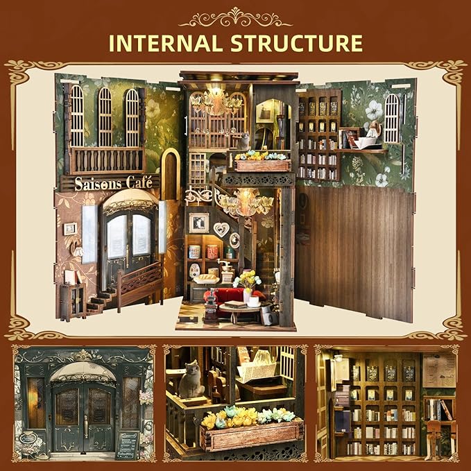 Book Nook Kits for Adults and Teens, DIY Miniature Dollhouse Kit 3D Wooden Puzzle Booknook Bookend with LED Light, Gifts for Family, Friends (Saison Café)