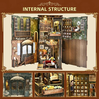 Book Nook Kit, DIY Doll House Booknook, Miniature Kit for Bookshelf Doll Houses for Adults Teen Halloween, 3D Wooden Puzzle Bookends with Led Light and Dust Cover (Saisons Café)