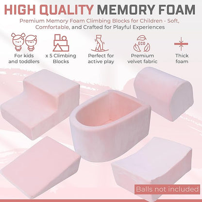 Foam Climbing Blocks for Toddlers & Babies – 5-Piece Soft Playset with High-Density Memory Foam & Velvet Cover – Indoor Climb and Crawl Activity Play Set for Motor Skills Imaginative Active Fun - Pink