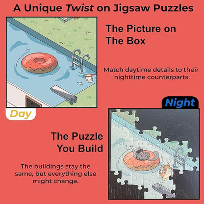 Time Warp Puzzle Mystery Jigsaw Puzzle 1000 Pieces for Adults Day Night Series - A Challenging, Difficult, Picture Changing Puzzle to Solve 26.625 x 19.25 in (Purrfect Party)