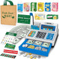 Calculator Cash Register Toy Gift for Kids Age 3, 4, 5, 6, 7, 8+ Year Old, 120 Pcs Grocery Store Playset with Toy Cash, Grocery BoxesCredit Card, Microphone, Grey Play Cash Register for Toddlers 4-8