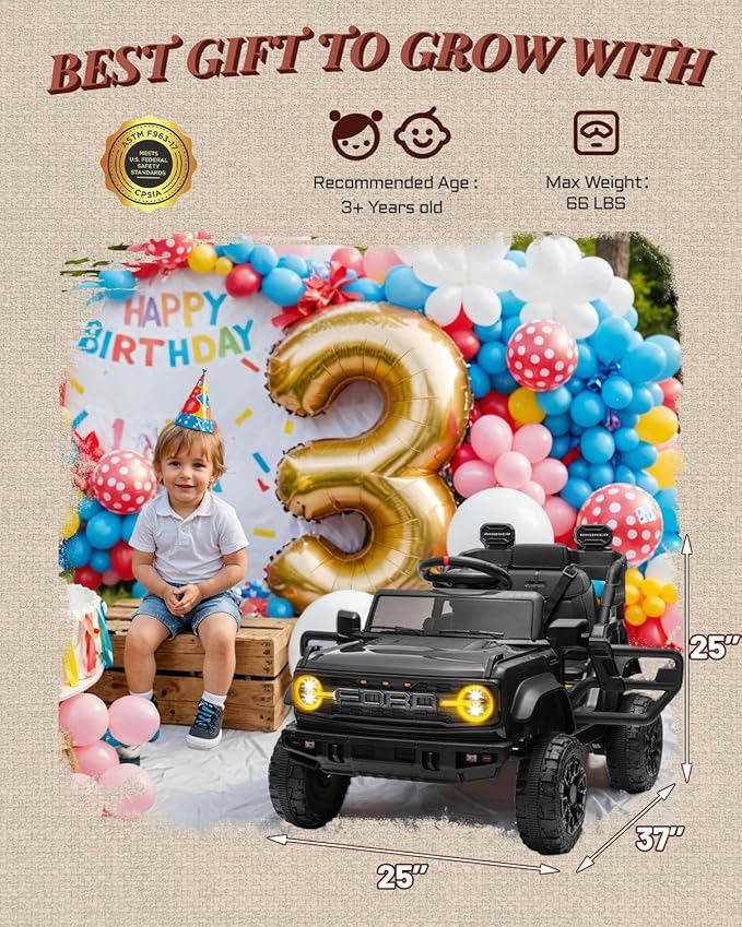 12V Ride on Toys for Kids, Licensed Ford Bronco Raptor Children Electric Vehicles, Toddler Battery Powered Car with Double Doors, 3 Point Safety Belt, Led Lights (12V, Black)