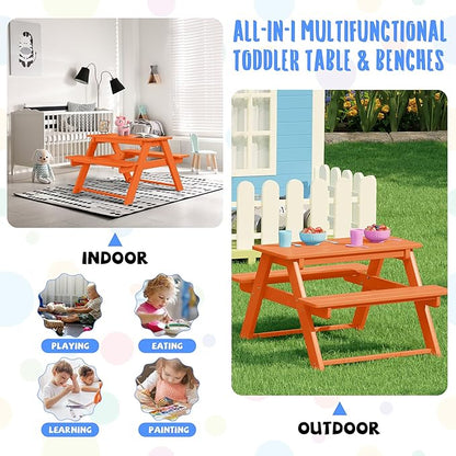 Costaelm Kids Picnic Table, HDPE All Weather Outdoor Toddler Picnic Table and Chair Set Kids Bench for Patio, Backyard, Garden, Lawn, Orange