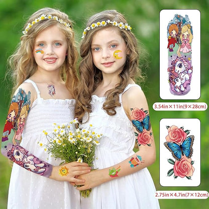 52 PCS Temporary Tattoos for Kids Full Arm Sleeve Fake Tattoos, Dinosaur Monster Car Planet Spider Shark Sticker for Boy, Princess Castle Dolphins Temporary Tattoos for Girl