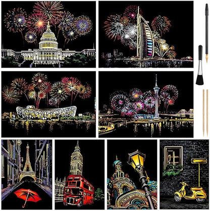 Scratch Art for Kids & Adult, Rainbow Engraving Painting Landscape Scratchboard(A4) Crafts Set: 8 Sheets 4 tools - Congress Building, Burj Al Arab, Eiffel Tower, Big Ben, Moscow(Fireworks / Building)