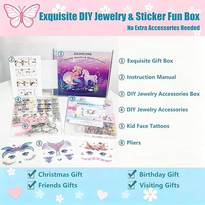 GO2HEJING Charm Bracelet Making Kit for Girls, Jewelry Making Kit for Girls 8-12, Ear Cuff/Necklace Craft Kit, Cute Face Temporary Tattoos for Kids, Mermaid Toys for Teenage Birthday Gift (Ocean)