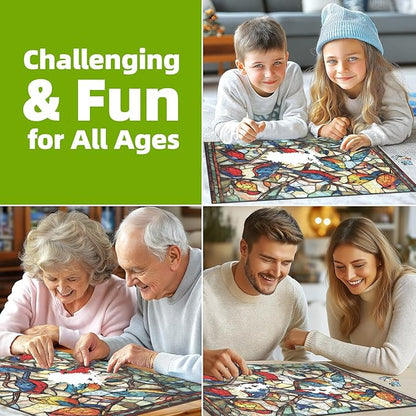 Stained Glass Birds 1000 Piece Puzzle for Adults - Challenging Vintage Window Art Jigsaw Puzzles, Family Game Night Activity, Finished Size 27.6 x 19.7 Inch