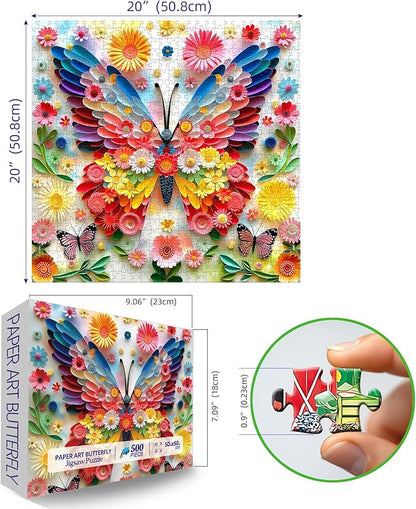 Puzzles for Adults 500 Pieces Colorful Butterfly FlowerJigsaw Puzzles 500 Pieces Difficult Fun Paper Art Unique Beautiful Family Puzzle Challenging Games Gift for Teens Kids Adults (20"x20")
