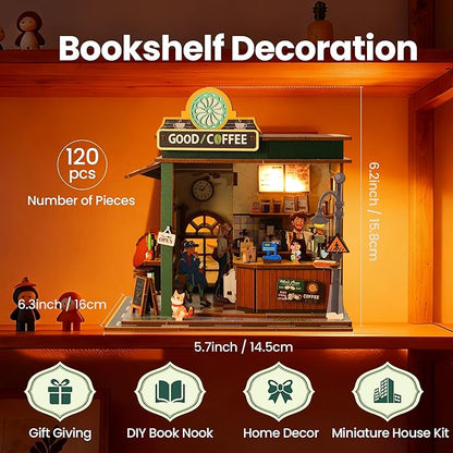 Book Nook Kit - DIY Miniature House Kit for Adults, Dollhouse Booknook Tiny House Bookshelf Decor 3D Wooden Puzzle Street Model, Ideal Gift for Book Lovers, Family, Friends (Coffee Shop)