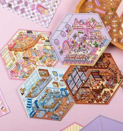 DIY 3D House Stickers, 4 Sets Fun DIY Stickers Scene Make Your Own Mini House Cute Cartoon Animal Scene Sticker for Kids Adult Sticker Art Relief Stress Pass The Time