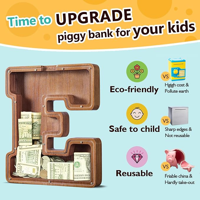 Summidate Customized Name Extra Large Wooden Piggy Bank for Kids Boys Girls Alphabets Letter A-Z Coins Bills Money Change Bank Initial on Clear Cover (Laser Engraved) Educational Toys 12"- Letter E