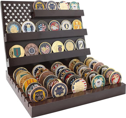 Challenge Coin Display Stand Coin Holder American Flag with Warm Color Holder Wooden Rack Gift for Military Army for Father, Military Coin Holder Display Case