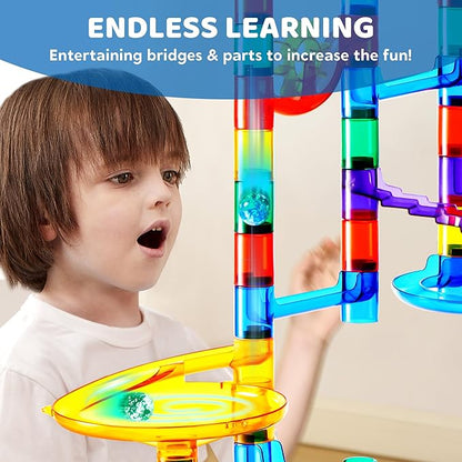 JOYIN 207Pcs Glowing Marble Run, Construction Building Blocks Toys with 5 Glow in The Dark, STEM Toy for Boys and Girls, Educational Toy, Gift for Christmas(147 Plastic Pieces + 60 Glass Marbles)