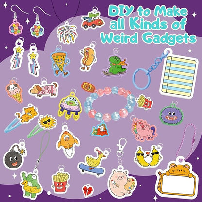 195 Pcs Shrink Plastic Kit with 39 Pre-Cut Patterns,3 Blank Shrink Plastic Sheets,Punch,Scissors,Keychains Lanyards,Tassels,Keychain Making Kit,Shrinky Art Charms,Shrinking Paper Craft Kits DIY Gifts