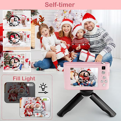 Upgrade Kids Digital Camera, Christmas Birthday Gifts for Girls Age 3-12, HD Digital Selfie Video Cameras for Toddler, Portable Toy for 3 4 5 6 7 8 9 10 Year Old Girl with 32GB SD Card-Pink