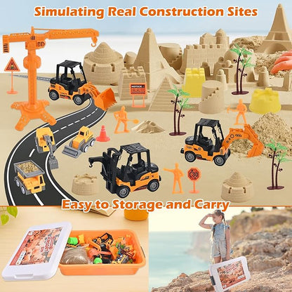 34Pcs Sand Construction Site Kit Sensory Bin Toy for Toddler with 8 Vehicles, 6 Castle Molds, 5 Road Signs, 4 Worker Figures, 2.2lbs Sand, Learning Sand Toys Birthday Gift for Kids Boys Ages 3 4 5
