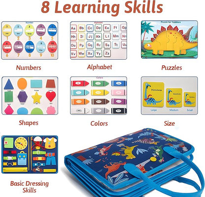 Busy Board for 1+ Year Old Sensory Toys for Toddlers 1-3 Montessori Learning Busy Book for Boys Girls Preschool Toys Gift (Dinosaur)