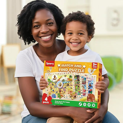 SYNARRY Wooden Puzzles for Kids Ages 4-6, 4 x 60 Piece Match & Find Puzzles for Kids Ages 3-5 Boys Girls, Educational Toys Gifts for 4-8 yo for Learning Jungle Savannah Polar Animals & City Life