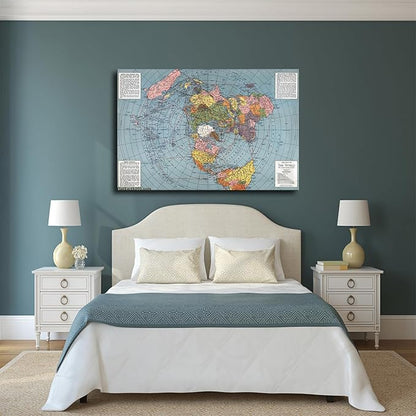 Flat Earth Map of The World Model - 1943 Polar Azimuthal Equidistant Projection Map Art Poster Room Aesthetic Wall Art Canvas Decoration Home Decor Gifts (24×32inch Unframed)