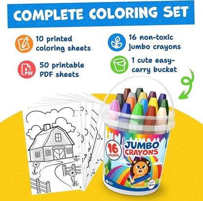 Jumbo Crayons For Toddlers 1-3 - 16pc Toddler Baby Crayons For Kids Ages 4-8 1-3 2-4 - Printed & PDF Coloring Sheets Non Toxic Washable Classroom Must Haves, Christmas Stocking Stuffers For Toddlers