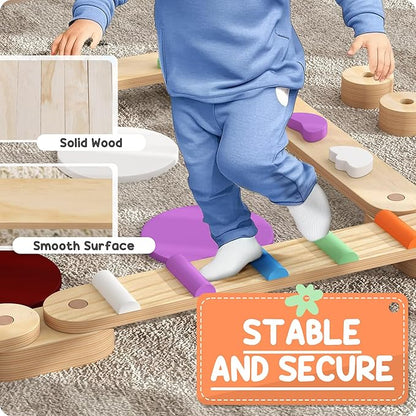 Qaba Kids Balance Beam, Wooden Balance Board with Stepping Stones, Gymnastics Obstacle Course for Toddlers 3-8 Years for Motor Skills Coordination, Indoor Outdoor Use