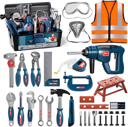 Deejoy Tool Set with Tool Box & Electronic Toy Drill, Pretend Play Kids Construction Kits for Kids Ages 3-5 Years Old, Toddler Boy Toys (Blue)