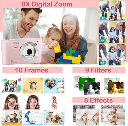 Upgrade Kids Digital Camera, Christmas Birthday Gifts for Girls Age 3-12, HD Digital Selfie Video Cameras for Toddler, Portable Toy for 3 4 5 6 7 8 9 10 Year Old Girl with 32GB SD Card-Pink