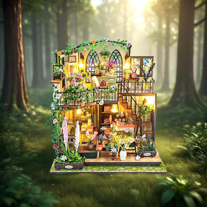 DIY Miniature Dollhouse Kit, Mini House Building Kit for Adults, Tiny House Making Kits with LED Light, Hobby Craft Christmas Decorations Birthday Gifts for Adults (Flower House)