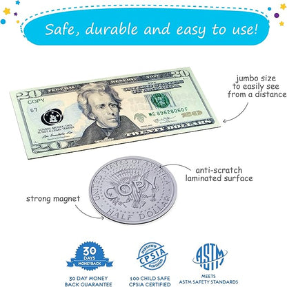 48 PCS Large Double-Sided Magnetic Money - Play Money for Kids for Learning, Pretend Money for Classroom, Toy Money, Play Coins for Kids, Money Games, Practice, Money Manipulatives, Class Money Set