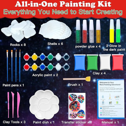 Awsoo Shell & Rock Painting Kit- Space and Rocky Glow in The Dark Arts and Crafts for Kids Ages 8 9 10 11 12, Art Supplies Craft Paint Kits, Birthday Party Gift Toy
