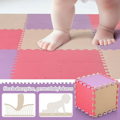 Nuanchu 60 Pcs Kids Foam Puzzle Floor Mat Bulk Solid Color Foam Play Mat with Borders Interlocking Multi Use Floor Rug for Baby Toddler Children 12 Inch (Pink, Beige, Purple)