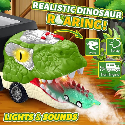 Dinosaur Toys for Kids 3-5, 5-7, Dinosaur Transport Carrier Truck with 10 Mini Car, Dinosaur T-Rex Cars Track Set for Toddlers 3-4 with Spray & Light & Sound, Birthday Gifts for 3 4 5 6 Year Old Boy