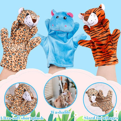 6Pcs Hand Puppets for Toddlers - Stuffed Animal Puppets for Kids, Including Lion, Tiger, Hippo, Leopard, Giraffe and Monkey for Puppet Show Theater, Stocking Stuffers for Kids