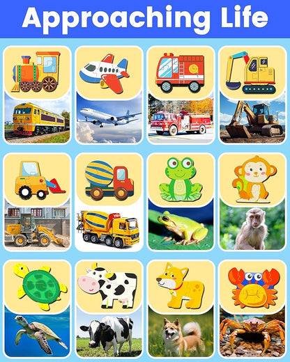 Benresive Wooden Toddler Puzzles, Montessori Toys for 1 2 3 Year Old Boys, Toys for 1 2 3 Year Old Boy Birthday Gifts, 12 Pack Vehicle Toddler Learning Educational Puzzles