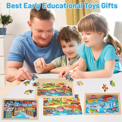 Wooden Puzzles for Kids Ages 4-6, 24 Piece Vehicle Car Construction Jigsaw Puzzles 4 Packs, Preschool Toddlers Learning Activity Puzzles Toys for Boys Girls 3 4 5 6 Years Old