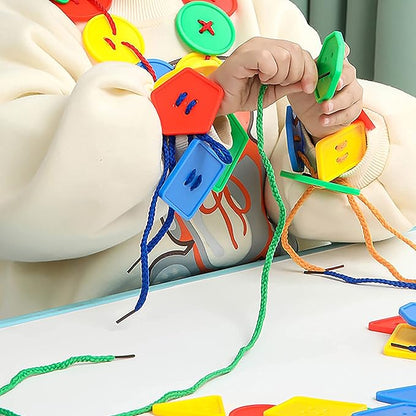 70 Pcs Montessori Lacing Threading Toy - Geometric Shaped Large Beads for Kids Crafts, Preschool Activities and Daycare Toys - Autism Learning Materials and Fine Motor Skills Toys for 3 4 5 6 Year Old