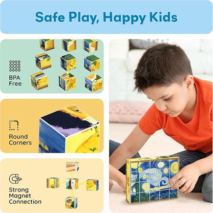 PicassoTiles 20pcs 1” Magnetic Puzzle Building Cubes Blocks for Kids, Van Gogh, Mona Lisa Hand Puzzle, STEM Magnet Toy Mix&Match Educational Popular Art Kids Toys 3+ Year Old boy Girl PMC20