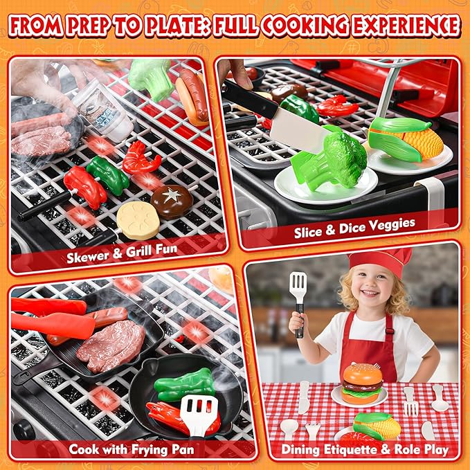 86PCS Kids Play Kitchen Toys: 2025 Kids Grill Playset with Smoke, Sound, Light, UV&Water Color-Changing Play Food, Pretend Kids Kitchen Playset, Interactive BBQ Outdoor Toys, Birthday Gift for Toddler