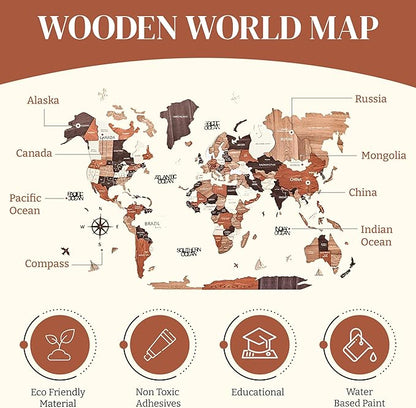KPSKE 3D Wooden World Map for Wall - Wall Accent Map with Ocean Names, Boats, Compass and More - Wood Travel Map with 50 Pins (Natural)