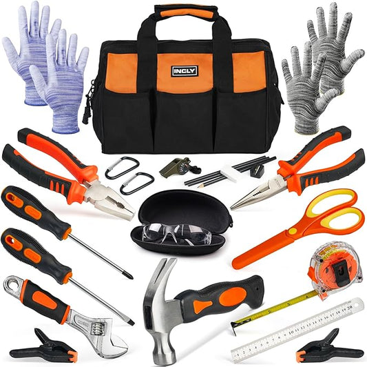 INCLY 24 PCS Real Tool Set with Tool Bag, Small Real Hand Tools Kit, Construction Learning Tools Hammer Screwdriver for Home DIY Building and Woodworking