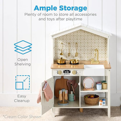 Best Choice Products Pretend Play Wooden Farmhouse Kitchen Set for Kids w/Toy Storage, Clicking Knobs, Windows, 5 Accessories Included - White/Black