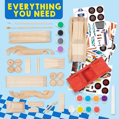 Klever Kits 4 DIY Wooden Race Cars-Build & Paint Your Own Wood Craft Kit, 4 Race Cars Toy, Easy to Assemble Arts Crafts Kit, Birthday Party Presents for Kids Boys and Girls